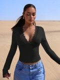 V-Neck Patchwork Lace Sexy Long-Sleeved Slim Top