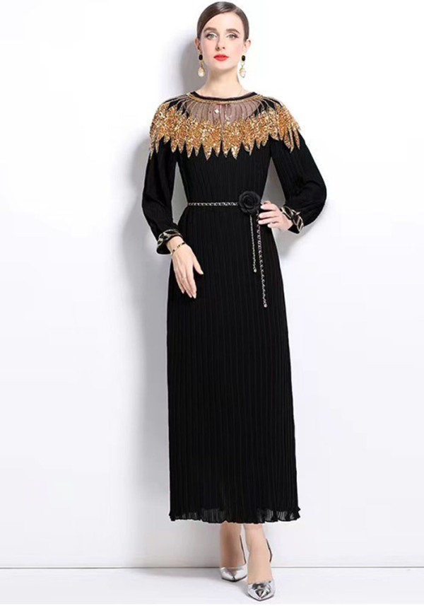 Beaded Chic Lantern Sleeve Pleated Dress