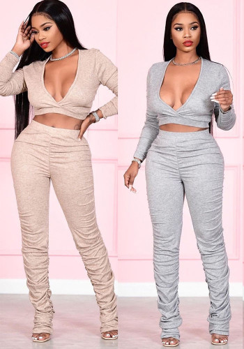 Women Sexy V-Neck Top and Stacked Pants Two Piece Set