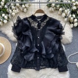 Luxury Ruffles Patchwork Round Neck Pearl Single-Breasted Lace Crop Top
