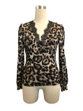 Women's V-Neck Puff Sleeve Contrast Lace Leopard Print Slim T-Shirt Top