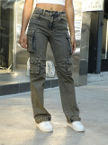 Women Patchwork Lace Cargo Denim Wide Leg Pants