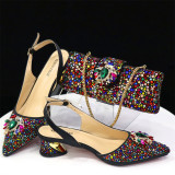 Ladies' Shoe And Bag Set Combination Low-Heeled Pointed-Toe Heeled Sandals With Square Diamond Bags