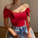Summer Fishbone Waist Women's Satin Off Shoulder Top