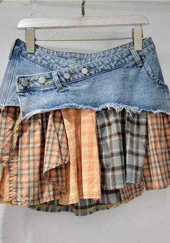 Women American Plaid Patchwork Irregular Denim Skirt