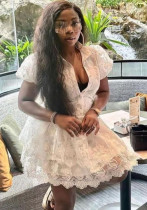 Summer Chic Turndown Collar Single-Breasted White Embroidered Puff Sleeve A-Line Layer Dress Summer Chic Turndown Collar Single-Breasted White Embroidered Puff Sleeve A-Line Layer Dress