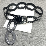Vintage Rivet Oval Ring Pu Leather Belt Decorative Matching Skirt Black Belt