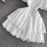 Summer Chic Turndown Collar Single-Breasted White Embroidered Puff Sleeve A-Line Layer Dress