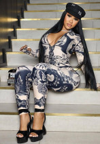Spring Women's Clothing Sexy Printed Long Sleeve Tight Fitting Jumpsuit