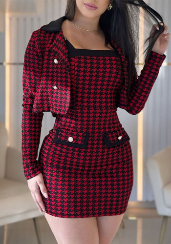 Women Plaid Jacket and Skirt Two Piece Set