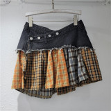 Women American Plaid Patchwork Irregular Denim Skirt