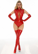 Women Pu-Leather Zipper Open Crotch Stretch Bodysuit Sexy Lingerie