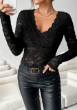 Women's Elegant V-Neck Solid Long Sleeve Slim Fit Pullover Lace Top