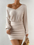Women Fall and Winter Ribbed V Neck Long Sleeve Bodycon Dress