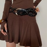 Vintage Rivet Oval Ring Pu Leather Belt Decorative Matching Skirt Black Belt