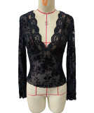 Spring Women's V-Neck Lace Patchwork Mesh Bell Bottom Sleeve T-Shirt Top