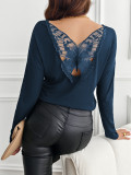 Solid Color Back Patchwork Butterfly Flower Rib Long Sleeve T-Shirt Top Women's Clothing