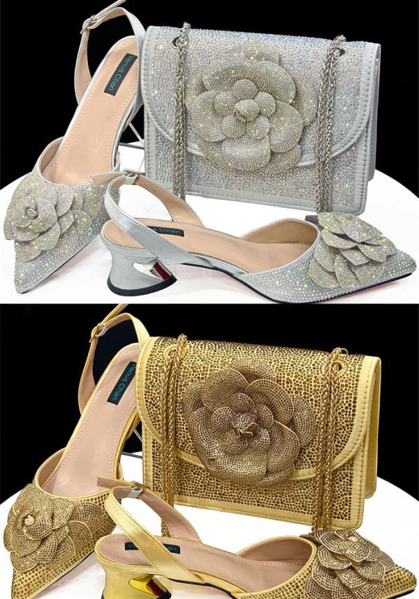 Black+Gold Pointed-Toe High-Heeled Shoes With Square Shoulder Bags Flower Decoration Ladies' Shoe And Bag Set