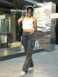 Women Patchwork Lace Cargo Denim Wide Leg Pants