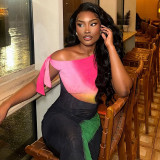 Women Colorblock Lace Off Shoulder Slash Shoulder Dress