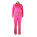 Zipper Stand Collar Striped Long-Sleeved Jacket Casual Pants Two-Piece Set