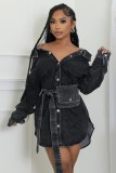 Autumn Denim Turndown Collar Long Sleeve Single Breasted Slim Fit Belt Fashion Denim Dress