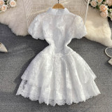 Summer Chic Turndown Collar Single-Breasted White Embroidered Puff Sleeve A-Line Layer Dress