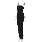 Women's Autumn Winter Fashion Sexy V-Neck Strapless Slim Pleated Solid Color Dress