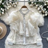 Luxury Ruffles Patchwork Round Neck Pearl Single-Breasted Lace Crop Top
