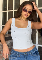 Women's Winter Fashion Sexy Slim Crop U-Neck Vest Beaded Top