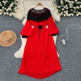 Beaded Chic Lantern Sleeve Pleated Dress