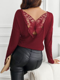 Solid Color Back Patchwork Butterfly Flower Rib Long Sleeve T-Shirt Top Women's Clothing