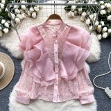 Luxury Ruffles Patchwork Round Neck Pearl Single-Breasted Lace Crop Top
