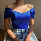 Summer Fishbone Waist Women's Satin Off Shoulder Top