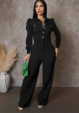Women's Solid Color Button Turndown Collar Long Sleeve Causal Jumpsuit