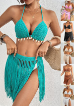 Women Patchwork Lace-Up Tassel Skirt Bikini Two Piece Set