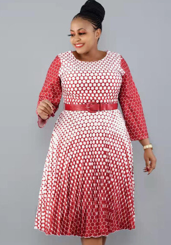 Plus Size Women African Round Neck Three-quarter Sleeve Pleated Snake Dress