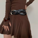 Vintage Rivet Oval Ring Pu Leather Belt Decorative Matching Skirt Black Belt