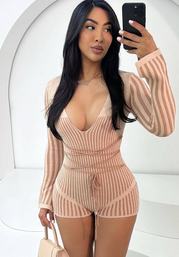 Women Sexy V-Neck Striped Knitting Contrast Romper
