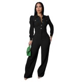 Women's Solid Color Button Turndown Collar Long Sleeve Causal Jumpsuit