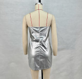 Women's Pu Leather Strapless Sexy Low Back Bodycon Dress