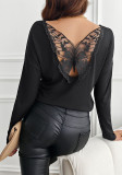 Solid Color Back Patchwork Butterfly Flower Rib Long Sleeve T-Shirt Top Women's Clothing