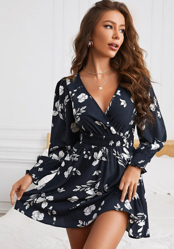 Autumn Winter Elegant Women's Floral Print V-Neck Lantern Sleeve Dress