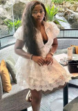 Summer Chic Turndown Collar Single-Breasted White Embroidered Puff Sleeve A-Line Layer Dress
