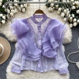 Luxury Ruffles Patchwork Round Neck Pearl Single-Breasted Lace Crop Top
