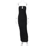 Women's Autumn Winter Fashion Sexy V-Neck Strapless Slim Pleated Solid Color Dress