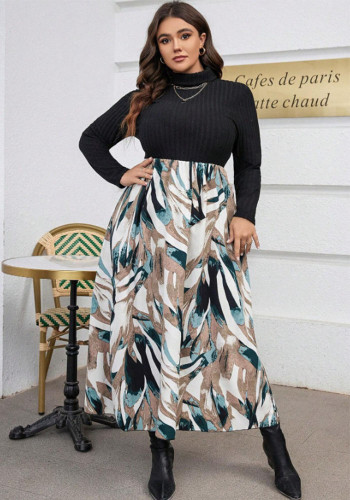 Plus Size Women Print Color Block Turtleneck Dress