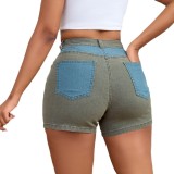 Women Stretchy Washed Patchwork Denim Shorts