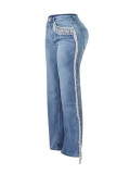 Straight-Leg Denim Pants Autumn High Waist Fashionable Retro Tassel Jeans