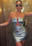 Women's Pu Leather Strapless Sexy Low Back Bodycon Dress